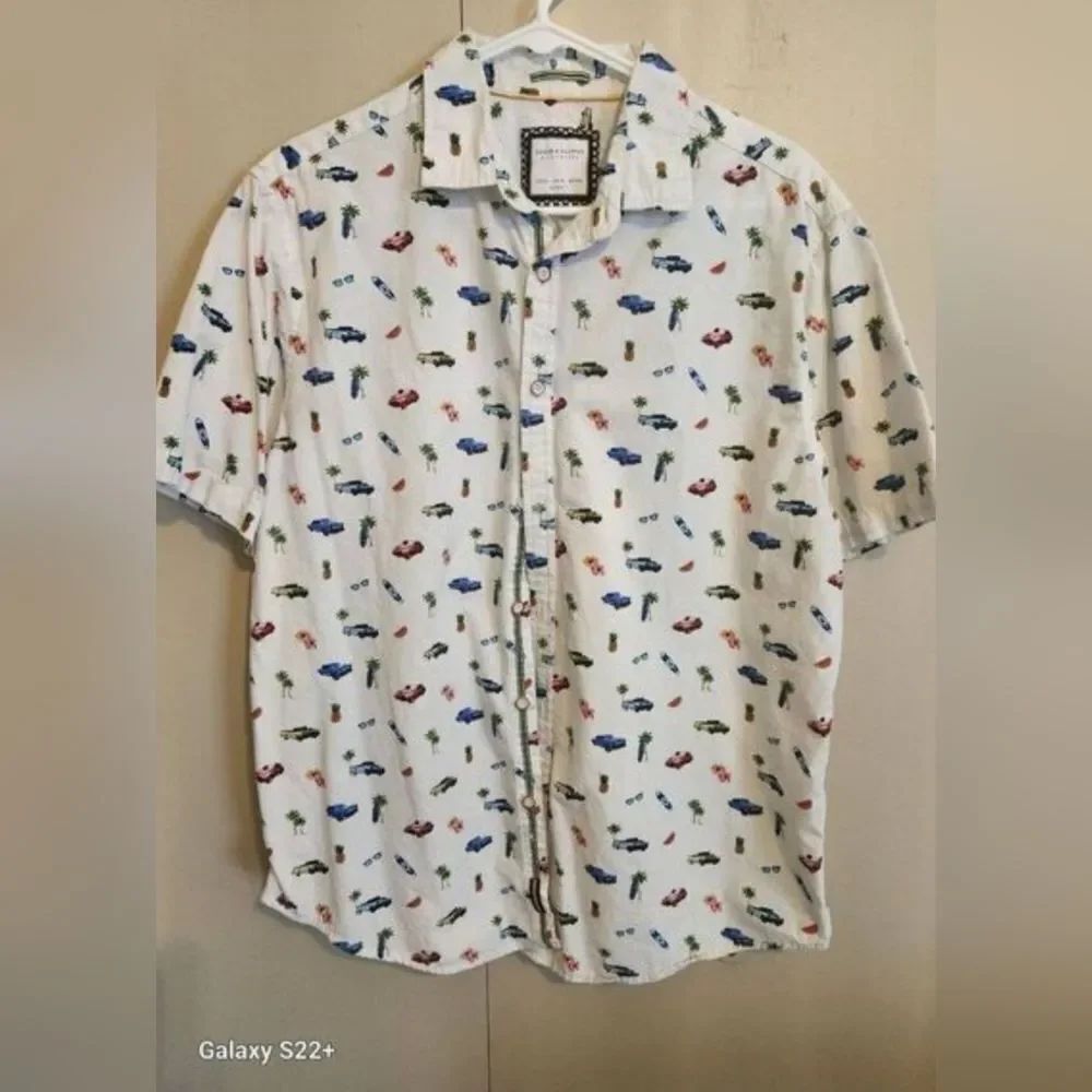 M5 Denim & Flower Slim Fit White With Tropical Cars Print Button Up Short Sleeve